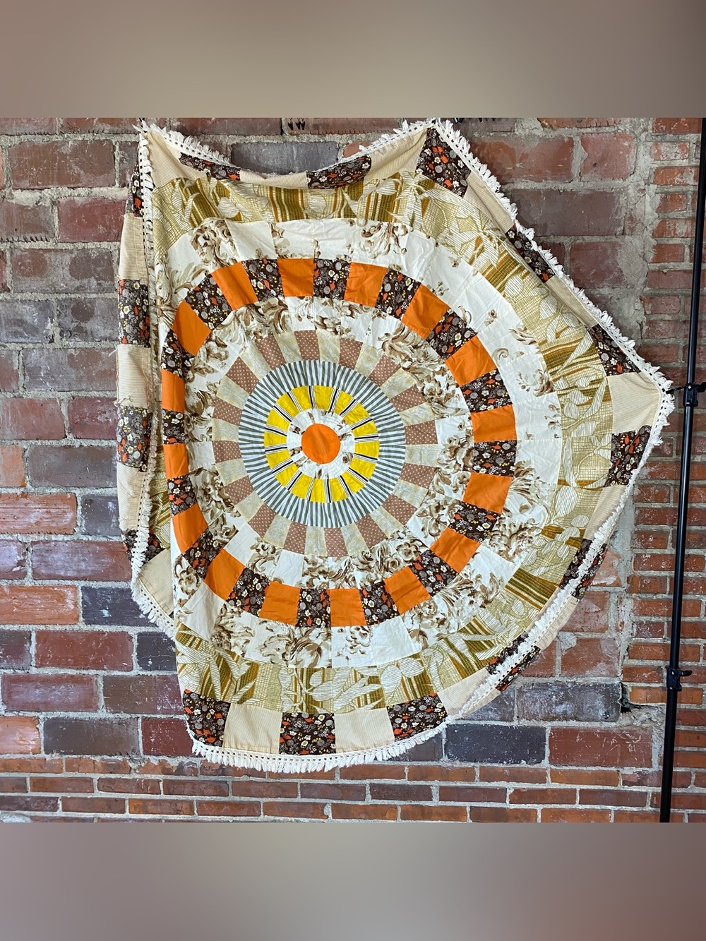 Handmade Vintage Patchwork Round Tablecloth with Fringe Trim 70” Diameter